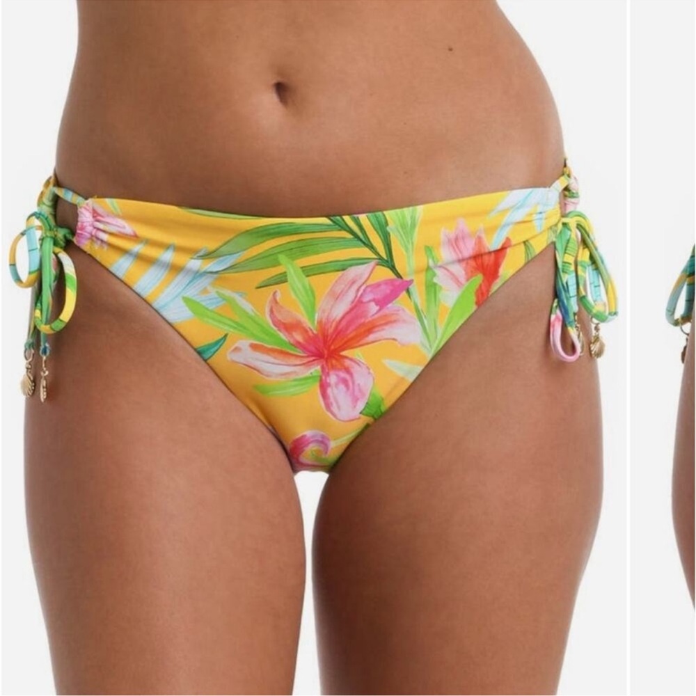 La Blanca Calypso Adjustable loop Yellow Tropical Bikini Bottom Sz 14 NWOT